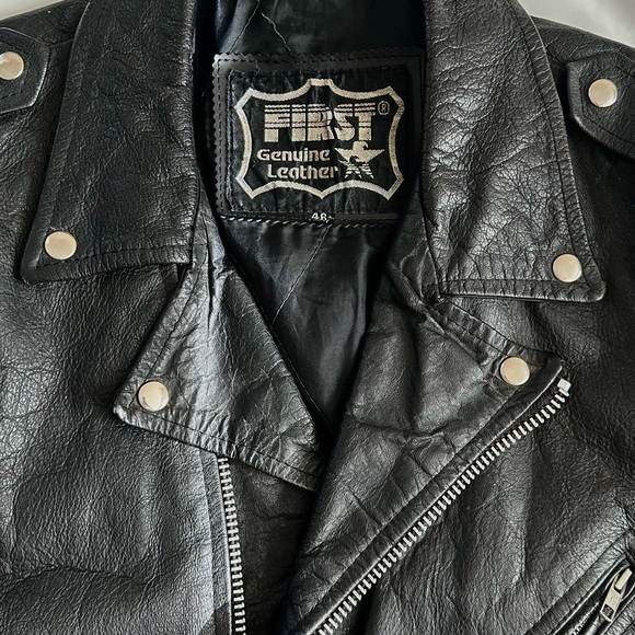 VINTAGE 1980s Black Genuine Leather Biker Jacket Moto Streetwear ~Rare! SZ 46 - Picture 3 of 16